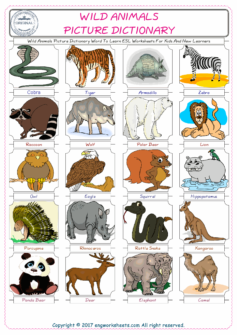  Wild Animals English Worksheet for Kids ESL Printable Picture Dictionary 